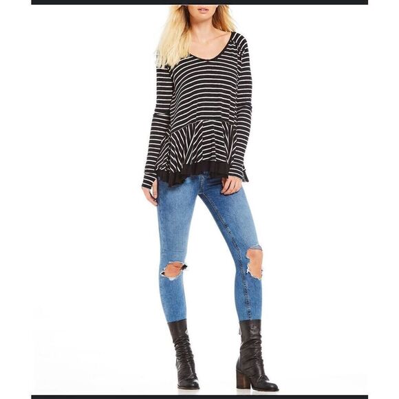 We the free striped black oversized long sleeve swing laced hem top S - Picture 1 of 9